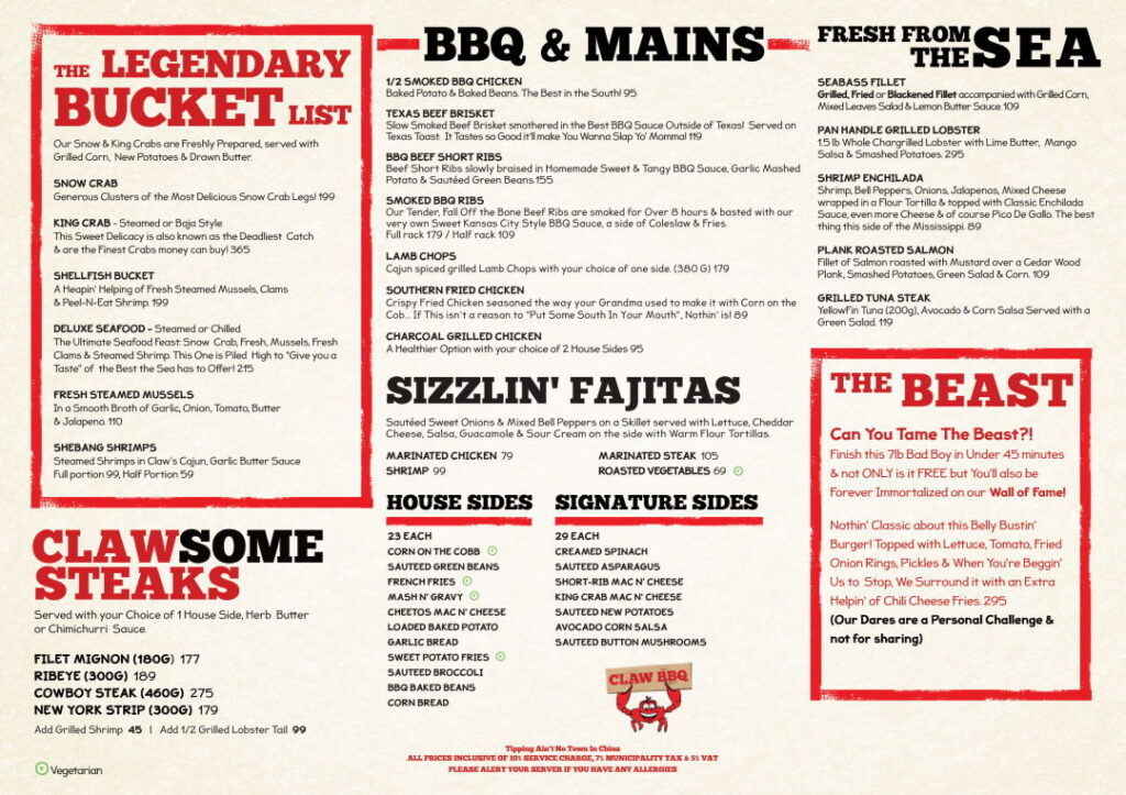 CLAW BBQ Restaurants menu